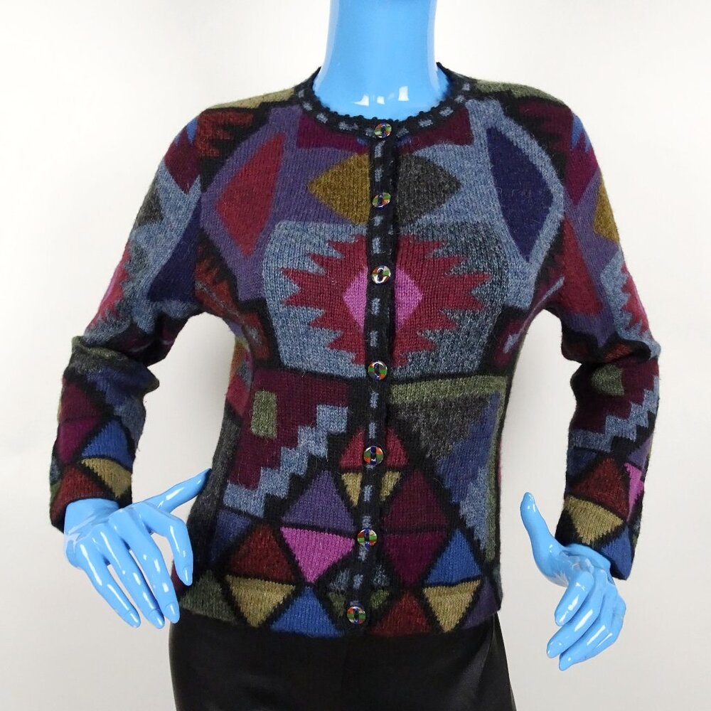 Tuttle Purple Blue Alpaca Blend Wool Cardigan Sweater S 4 6 Aztec Southwestern